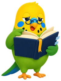 A sleepy Budgy carefully reading a large book