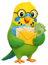 Budgy wearing glasses and holding envelopes and cash