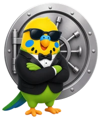 Budgy in a tuxedo and sunglasses standing in front of a vault